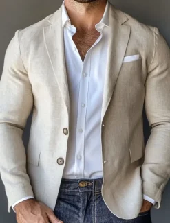 Men's Blazer Jacket Linen Blazer Notch Collar Fashion Casual Solid Colored Blazer Beige Standard Fit Single Breasted Two-buttons
