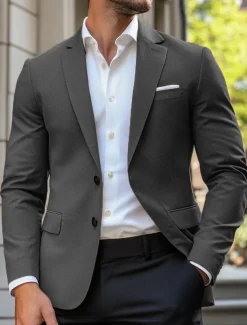 Men's Blazer Jacket Sport Coat Notch Collar Casual Solid Colored Blazer Navy Blue Brown Light Grey Standard Fit Single Breasted Two-buttons