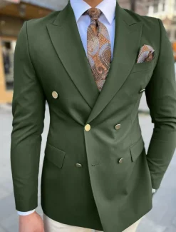 Men's Blazer Jacket Sport Coat Closure collar Casual Office Solid Colored ArmyGreen White Navy Blue Tailored Fit Double Breasted Six-buttons