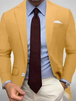 Men's Blazer Jacket Sport Coat Notch Collar Casual Solid Colored Black White Yellow Standard Fit Single Breasted One-button