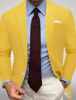 Men's Blazer Jacket Sport Coat Notch Collar Casual Solid Colored Black White Yellow Standard Fit Single Breasted One-button