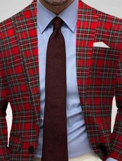 Men's Blazer Jacket Sport Coat Notch Collar Fashion Plaid Blazer Red Standard Fit Single Breasted One-button