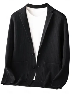 Men's Blazer Jacket Sweater Coat School Formal Wedding Elegant Warm Spring Fall Wool Nylon Solid Color Jacquard Multiple Pockets Comfy Single Breasted Two-button Blazer Black Dark Grey Army Green