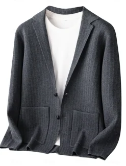 Men's Blazer Jacket Sweater Coat School Formal Wedding Elegant Warm Spring Fall Wool Nylon Solid Color Jacquard Multiple Pockets Comfy Single Breasted Two-button Blazer Black Dark Grey Army Green