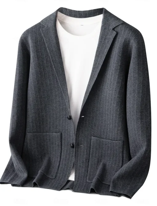Men's Blazer Jacket Sweater Coat School Formal Wedding Elegant Warm Spring Fall Wool Nylon Solid Color Jacquard Multiple Pockets Comfy Single Breasted Two-button Blazer Black Dark Grey Army Green