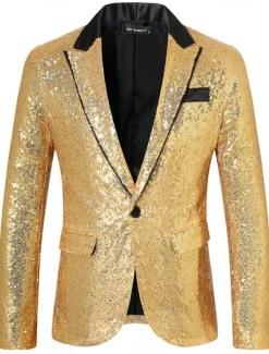 Men's Blazer Jacket Tuxedo Closure collar Luxury Sparkle Patchwork Solid Colored Blazer Black Silver Red Standard Fit Single Breasted One-button