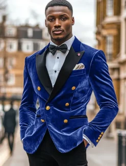 Men's Blazer Jacket Tuxedo Closure collar Vintage Party Velvet Patchwork Solid Colored Blazer Black Burgundy Dark Blue Standard Fit Double Breasted Six-buttons