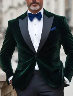Men's Blazer Jacket Tuxedo Lapel Christmas Vintage Solid Colored Blazer Green Standard Fit