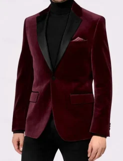 Men's Blazer Jacket Tuxedo Notch Collar Vintage Party Velvet Patchwork Solid Colored Blazer Burgundy Green Standard Fit