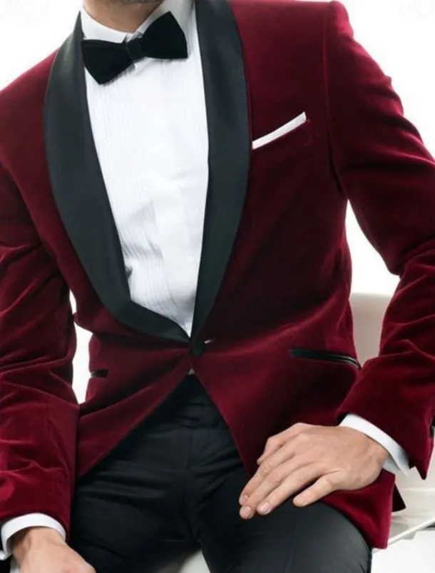 Men's Blazer Jacket Tuxedo Shawl Collar Fashion Party Casual Solid Colored Burgundy Tailored Fit Single Breasted One-button