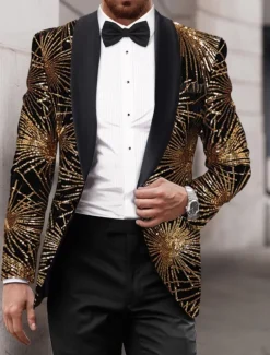 Men's Blazer Jacket Tuxedo Shawl Collar Party Sparkle Sequin Line Blazer Black Gold Tailored Fit