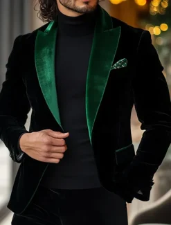 Men's Blazer Jacket Tuxedo Closure collar Christmas Vintage Party Patchwork Blazer Black / Green Standard Fit