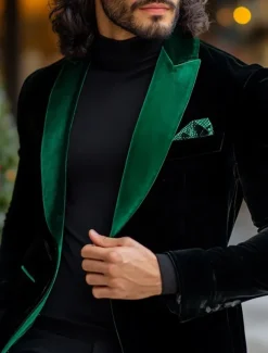 Men's Blazer Jacket Tuxedo Closure collar Christmas Vintage Party Patchwork Blazer Black / Green Standard Fit