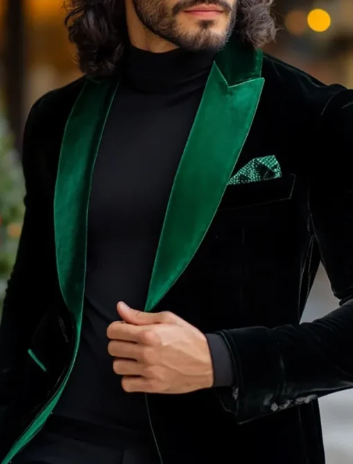 Men's Blazer Jacket Tuxedo Closure collar Christmas Vintage Party Patchwork Blazer Black / Green Standard Fit