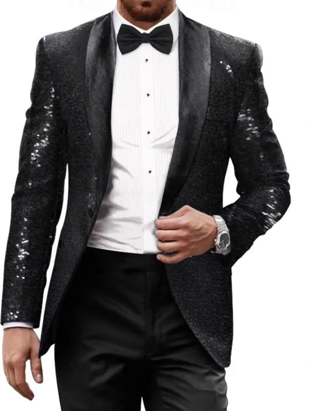 Men's Blazer Jacket Tuxedo Shawl Collar Party Sparkle Casual Pattern Black Silver Burgundy Tailored Fit Single Breasted One-button