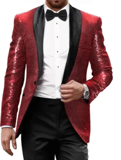 Men's Blazer Jacket Tuxedo Shawl Collar Party Sparkle Casual Pattern Black Silver Burgundy Tailored Fit Single Breasted One-button