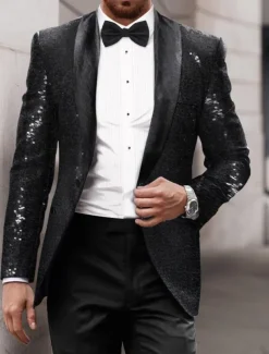 Men's Blazer Jacket Tuxedo Shawl Collar Party Sparkle Casual Pattern Black Silver Burgundy Tailored Fit Single Breasted One-button