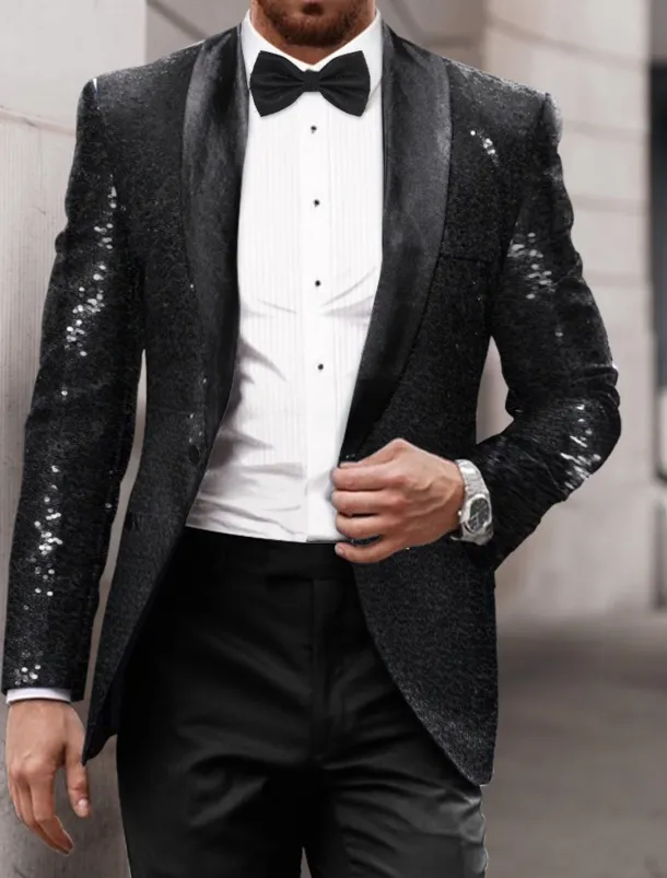 Men's Blazer Jacket Tuxedo Shawl Collar Party Sparkle Casual Pattern Black Silver Burgundy Tailored Fit Single Breasted One-button