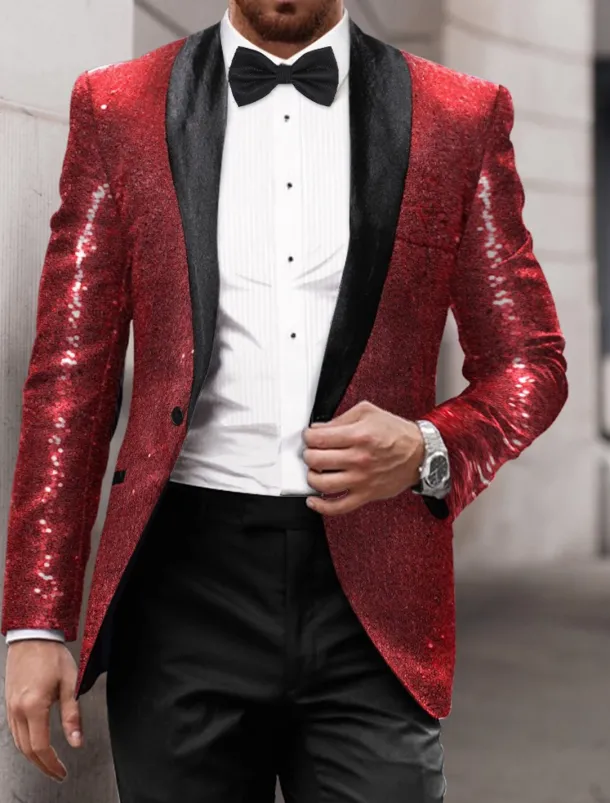 Men's Blazer Jacket Tuxedo Shawl Collar Party Sparkle Casual Pattern Black Silver Burgundy Tailored Fit Single Breasted One-button