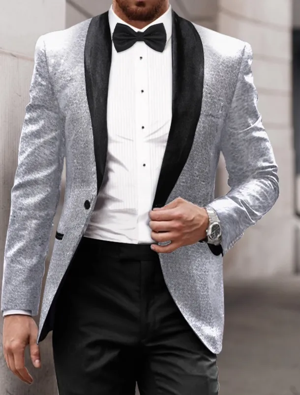 Men's Blazer Jacket Tuxedo Shawl Collar Party Sparkle Casual Pattern Black Silver Burgundy Tailored Fit Single Breasted One-button