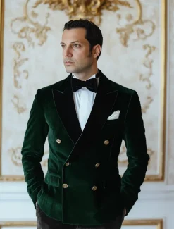 Men's Blazer Jacket Tuxedo Closure collar Vintage Party Velvet Patchwork Solid Colored Blazer Burgundy Green Standard Fit