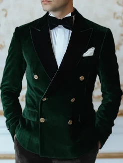 Men's Blazer Jacket Tuxedo Closure collar Vintage Party Velvet Patchwork Solid Colored Blazer Burgundy Green Standard Fit