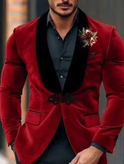 Men's Blazer Jacket Tuxedo Shawl Collar Christmas Vintage Velvet Solid Colored Blazer Red Standard Fit Single Breasted One-button