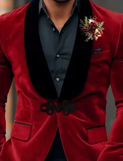 Men's Blazer Jacket Tuxedo Shawl Collar Christmas Vintage Velvet Solid Colored Blazer Red Standard Fit Single Breasted One-button