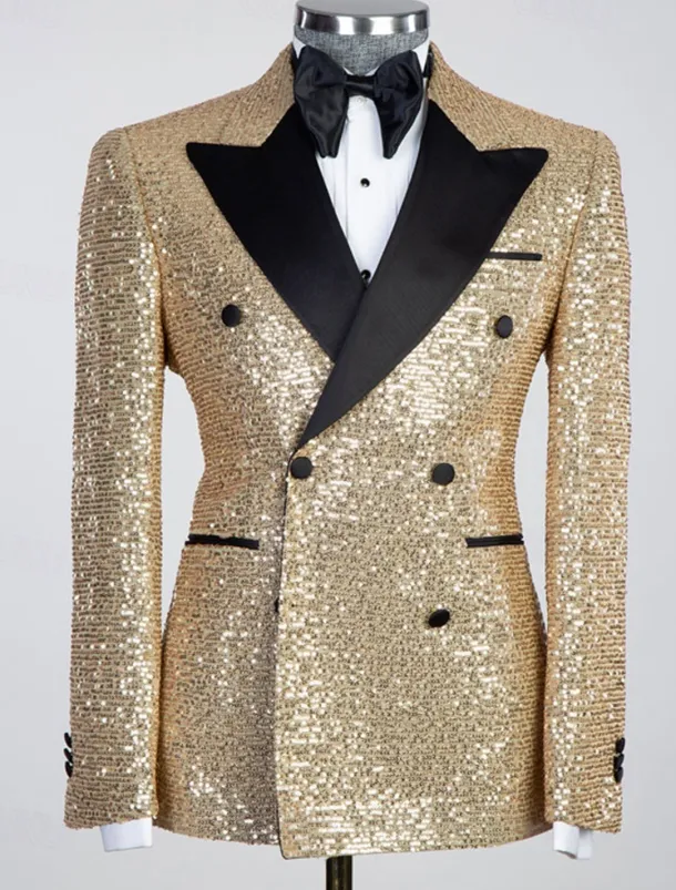 Men's Blazer Jacket Tuxedo Closure collar Party Sparkle Sequin Solid Colored Black Silver Champagne Tailored Fit Double Breasted Six-buttons