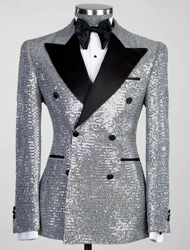 Men's Blazer Jacket Tuxedo Closure collar Party Sparkle Sequin Solid Colored Black Silver Champagne Tailored Fit Double Breasted Six-buttons