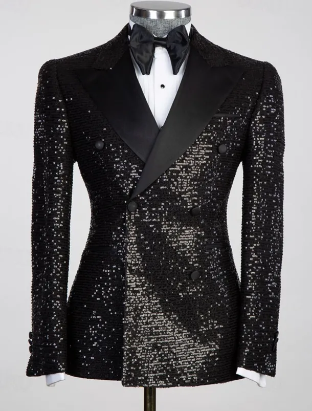 Men's Blazer Jacket Tuxedo Closure collar Party Sparkle Sequin Solid Colored Black Silver Champagne Tailored Fit Double Breasted Six-buttons