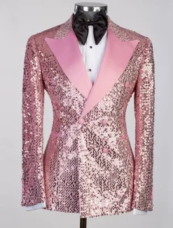 Men's Blazer Jacket Tuxedo Closure collar Party Sparkle Sequin Solid Colored Black Silver Champagne Tailored Fit Double Breasted Six-buttons