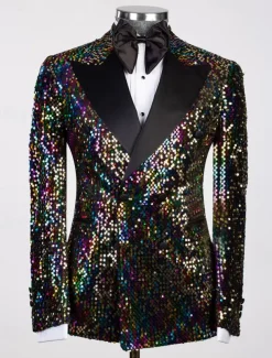 Men's Blazer Jacket Tuxedo Closure collar Party Sparkle Sequin Solid Colored Black Silver Champagne Tailored Fit Double Breasted Six-buttons