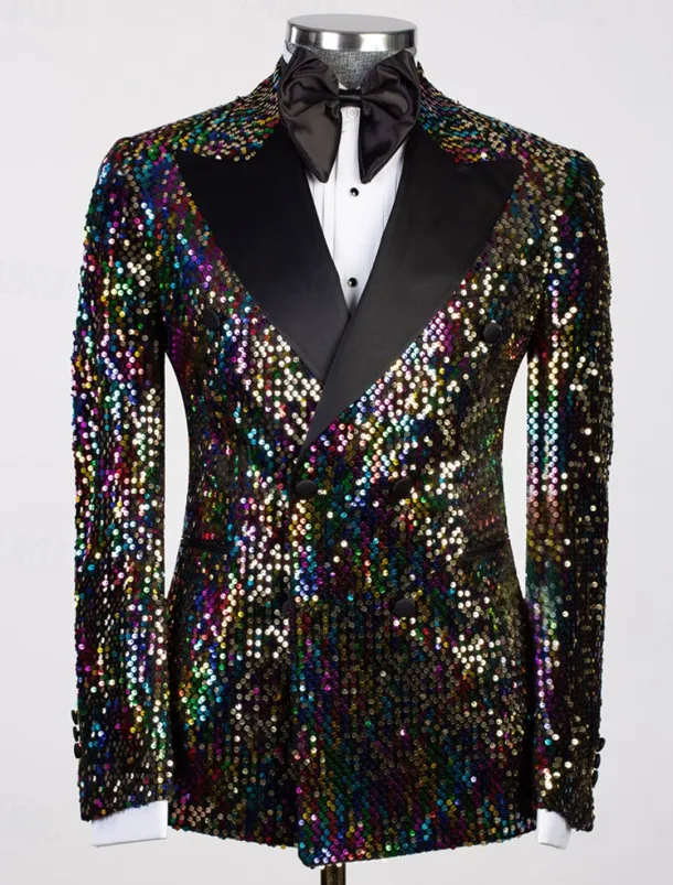 Men's Blazer Jacket Tuxedo Closure collar Party Sparkle Sequin Solid Colored Black Silver Champagne Tailored Fit Double Breasted Six-buttons