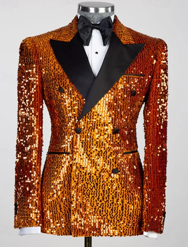 Men's Blazer Jacket Tuxedo Closure collar Party Sparkle Sequin Solid Colored Black Silver Champagne Tailored Fit Double Breasted Six-buttons