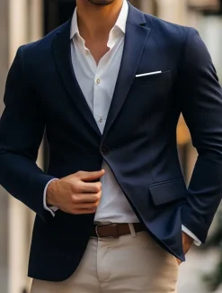Men's Blazer Jacket Wedding Guest Casual Casual Daily Fashion Casual All Seasons Polyester Solid Colored Basic Single Breasted Blazer Navy Blue