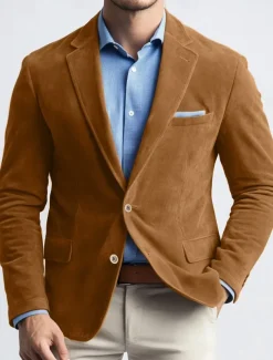 Men's Blazer Jacket Work Street Fashion Casual Fall / Winter Faux Suede Plain Pocket Buttons Comfortable Single Breasted Blazer Navy Blue Brown Green khaki