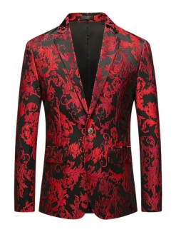 Men's Blazer Notch Collar Fashion Floral Red Standard Fit Single Breasted One-button