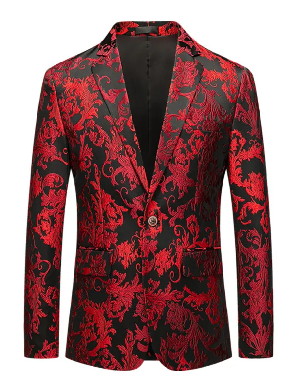 Men's Blazer Notch Collar Fashion Floral Red Standard Fit Single Breasted One-button