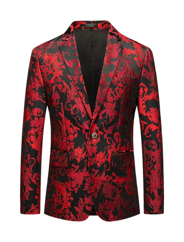 Men's Blazer Notch Collar Fashion Floral Red Standard Fit Single Breasted One-button