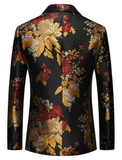 Men's Blazer Notch Collar Fashion Party Floral Black Standard Fit Single Breasted One-button
