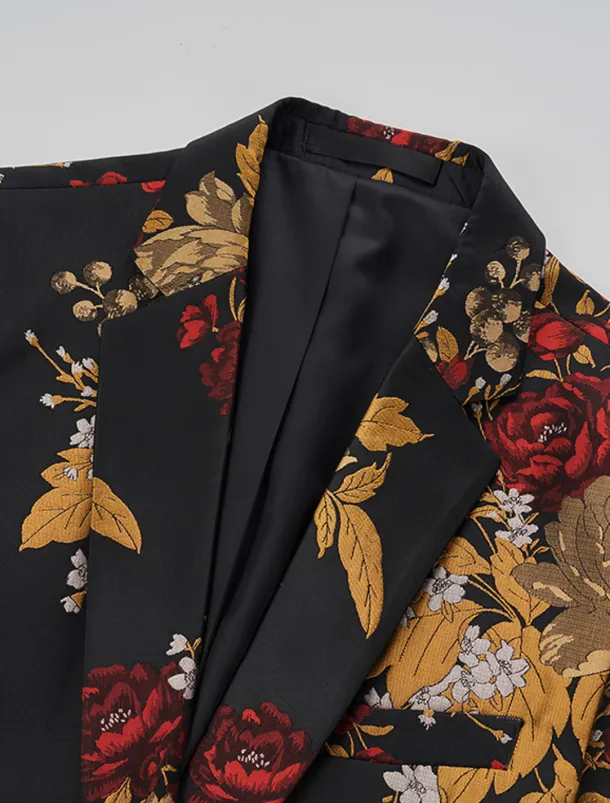 Men's Blazer Notch Collar Fashion Party Floral Black Standard Fit Single Breasted One-button
