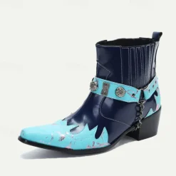 Men's Blue and Turquoise Leather Motorcycle Boots – Western Style Ankle Boots with Silver Buckle Detailing for Bold Fashion