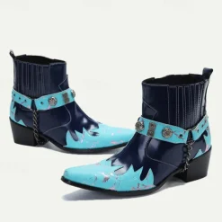 Men's Blue and Turquoise Leather Motorcycle Boots – Western Style Ankle Boots with Silver Buckle Detailing for Bold Fashion