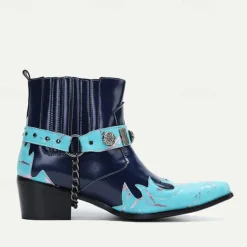 Men's Blue and Turquoise Leather Motorcycle Boots – Western Style Ankle Boots with Silver Buckle Detailing for Bold Fashion