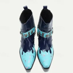 Men's Blue and Turquoise Leather Motorcycle Boots – Western Style Ankle Boots with Silver Buckle Detailing for Bold Fashion