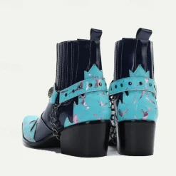Men's Blue and Turquoise Leather Motorcycle Boots – Western Style Ankle Boots with Silver Buckle Detailing for Bold Fashion
