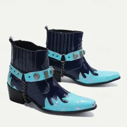 Men's Blue and Turquoise Leather Motorcycle Boots – Western Style Ankle Boots with Silver Buckle Detailing for Bold Fashion