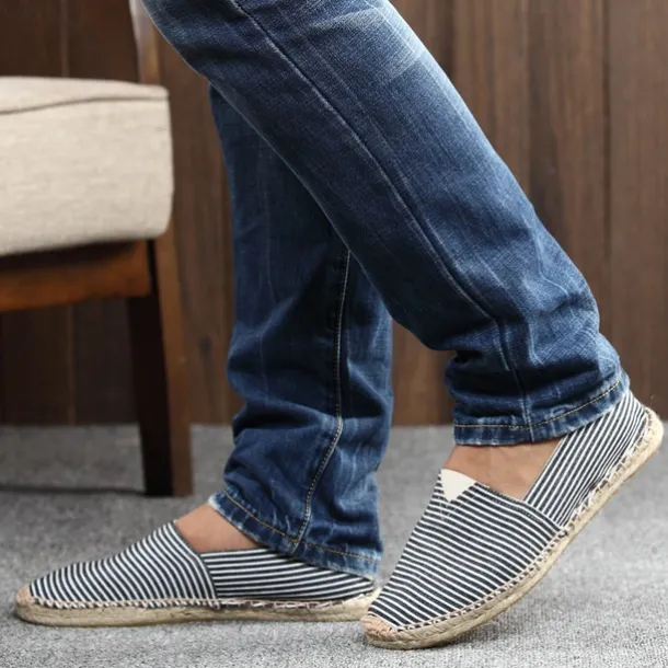 Men's Blue and White Striped Canvas Espadrille Slip-On Shoes with Jute Rope Sole – Comfortable Summer Footwear