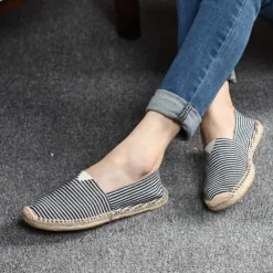 Men's Blue and White Striped Canvas Espadrille Slip-On Shoes with Jute Rope Sole – Comfortable Summer Footwear